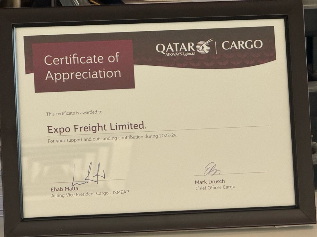 Cert of appreciation Qatar Cargo